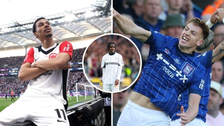 Split image showing Frankfurt's Hugo Ekitike, Ipswich Town's Liam Delap, and Bayer Leverkusen's Jeremie Frimpong