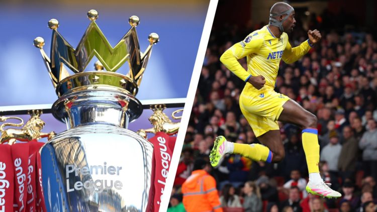Premier League trophy adorned with red ribbons. Jean-Philippe Mateta celebrates scoring for Crystal Palace against Arsenal.