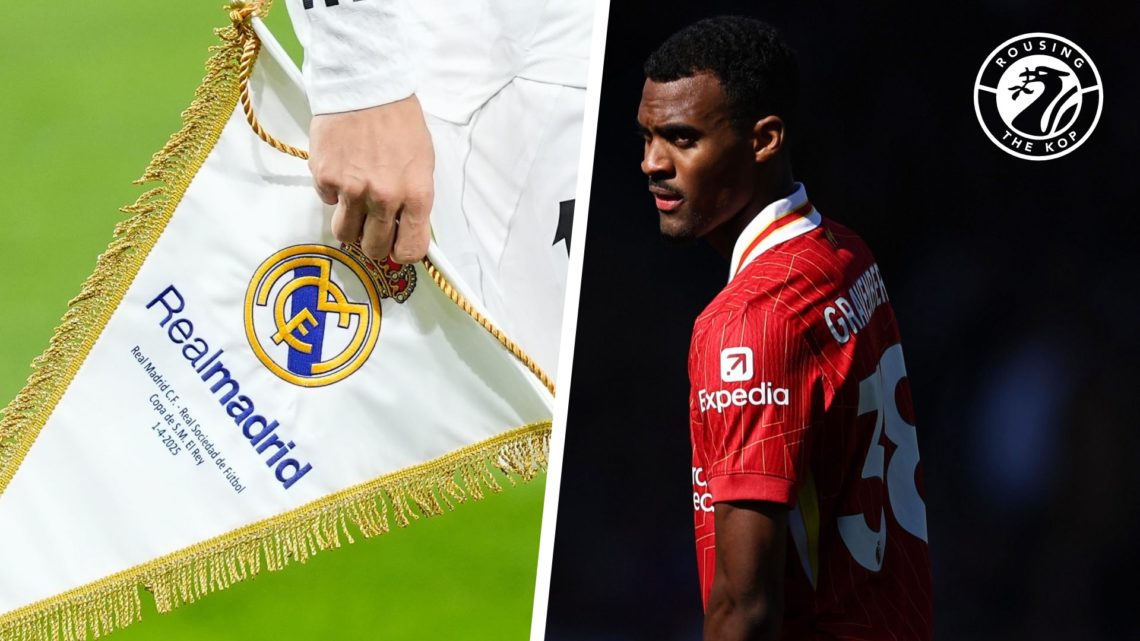 Real Madrid player carries pendant featuring club badge. Ryan Gravenberch in action for Liverpool.