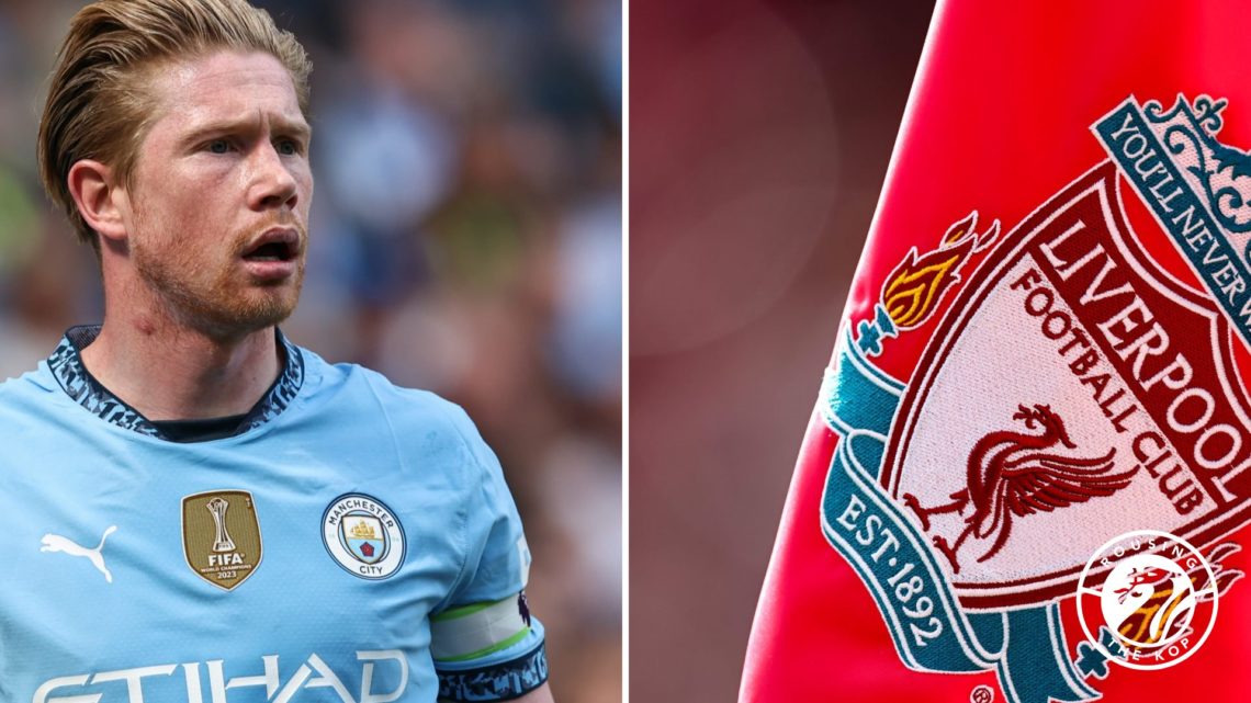 Kevin De Bruyne in action for Manchester City. Liverpool FC flag flies at Anfield.