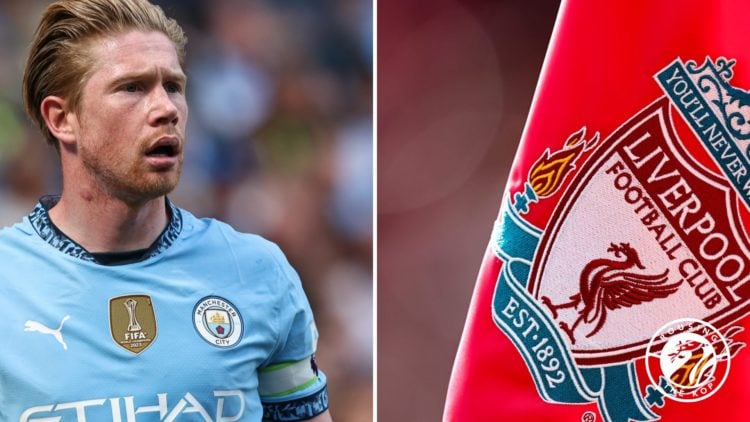 Kevin De Bruyne in action for Manchester City. Liverpool FC flag flies at Anfield.