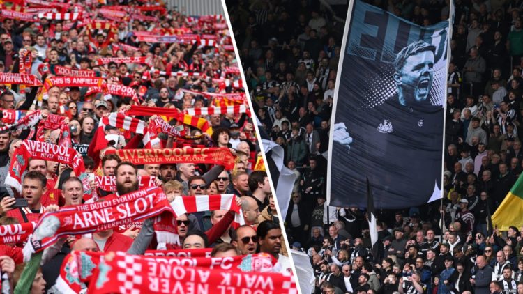 Liverpool fans hold scarves aloft at Anfield. Newcastle fans display a banner for manager Eddie Howe at St James Park