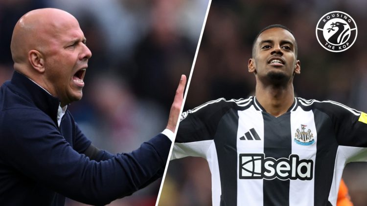 Arne Slot shouts at his team during a Liverpool match. Alexander Isak celebrates scoring for Newcastle.