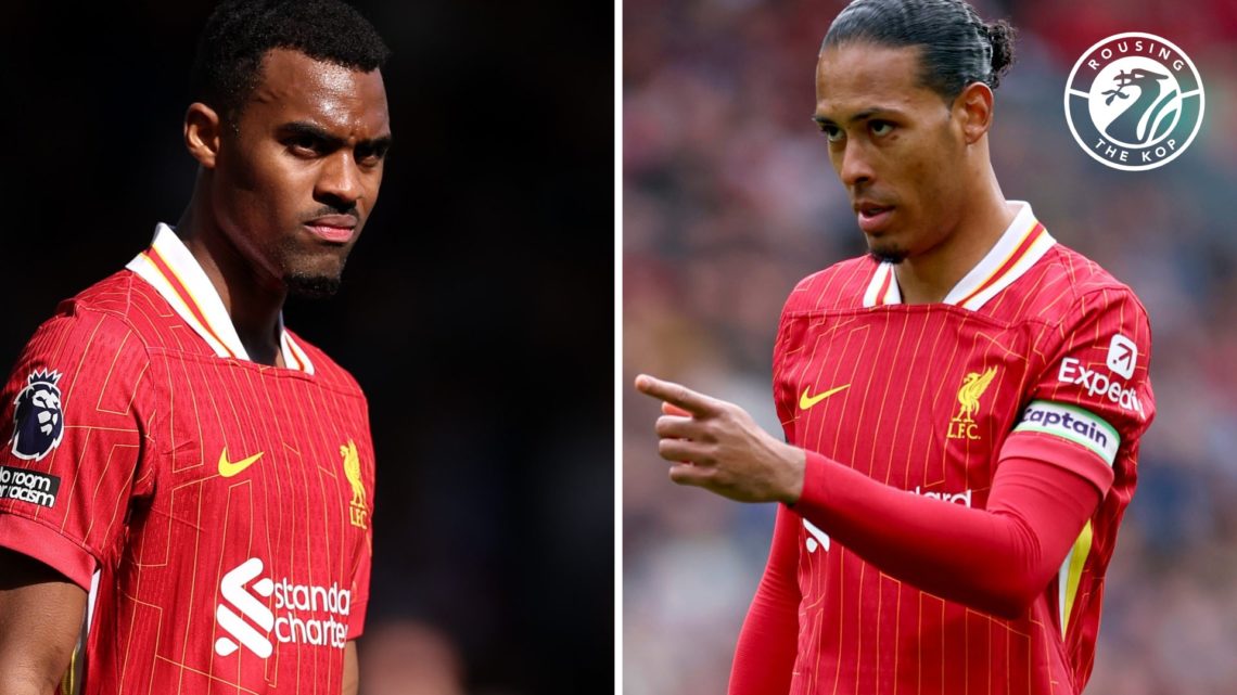 Ryan Gravenberch looks on while playing for Liverpool. Liverpool captain Virgil van Dijk points to a teammate during a game.