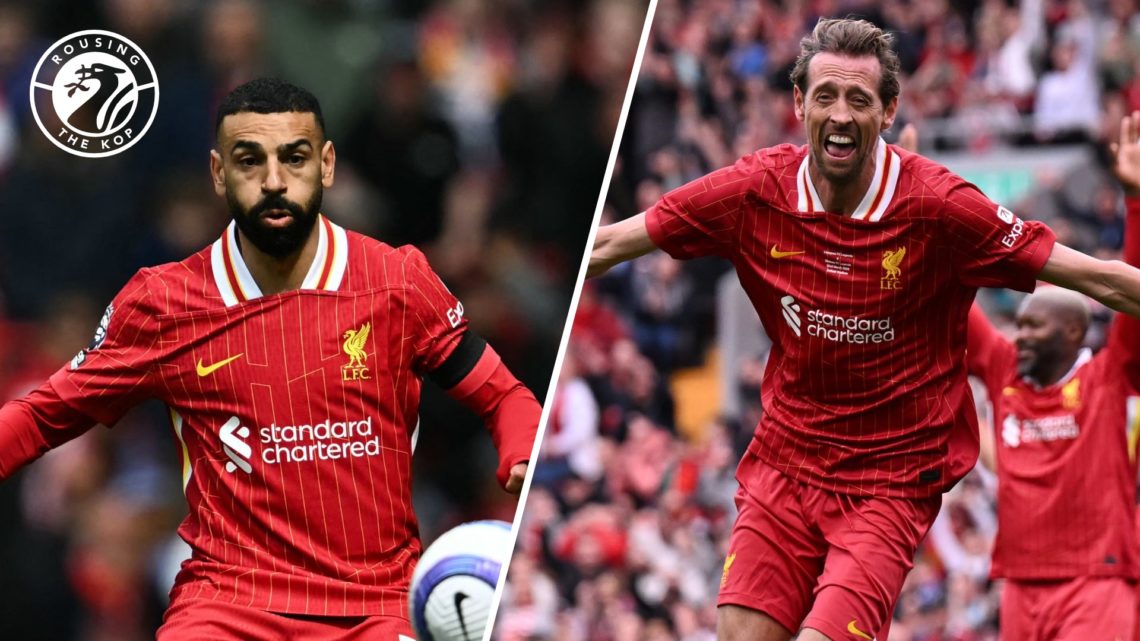 Mohamed Salah controls the ball for Liverpool. Peter Crouch celebrates scoring in the 2025 Liverpool Legends charity match at Anfield