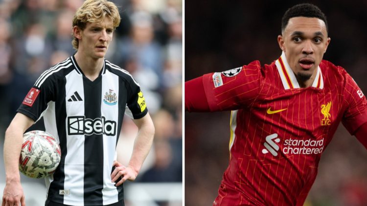 Anthony Gordon holds the ball during an FA Cup match for Newcastle United. Trent Alexander-Arnold in Champions League action for Liverpool.