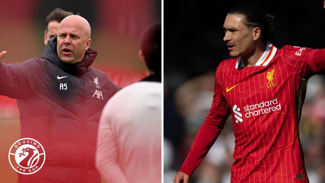 Arne Slot leads a Liverpool training session. Darwin Nunez signals to teammates during a match for Liverpool.