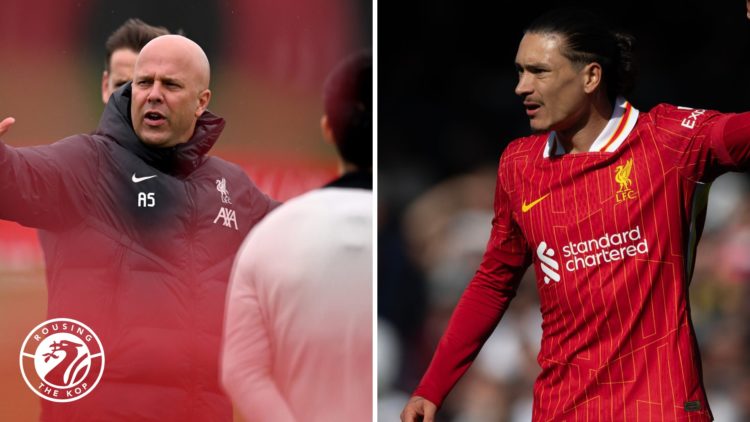 Arne Slot leads a Liverpool training session. Darwin Nunez signals to teammates during a match for Liverpool.