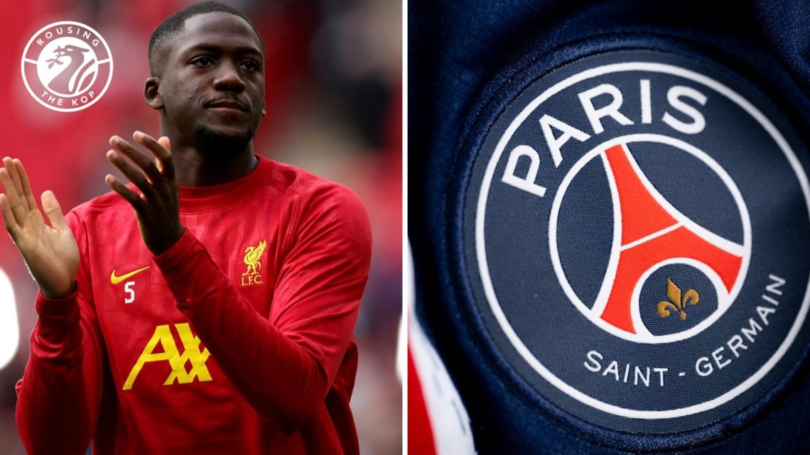 Liverpool defender Ibrahima Konate applauds fans before the 2025 Carabao Cup final. Paris Saint Germain badge.