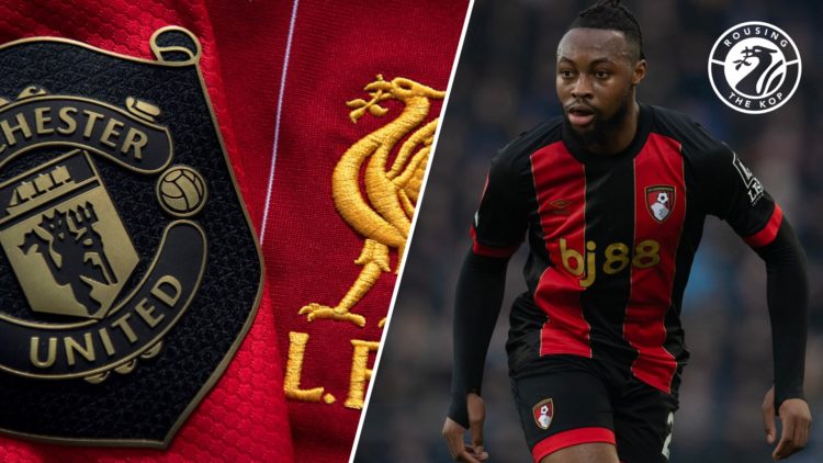 Manchester United and Liverpool badges side by side. Antoine Semenyo in action for Bournemouth against Everton.