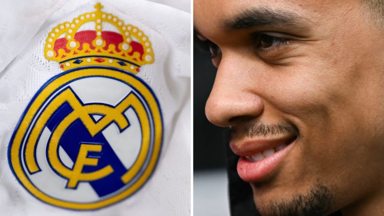 Real Madrid badge on shirt. Liverpool defender Trent Alexander-Arnold smiles.