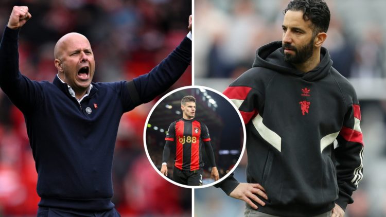 Split image showing Liverpool manager Arne Slot, Manchester United coach Ruben Amorim, and Bournemouth's Milos Kerkez