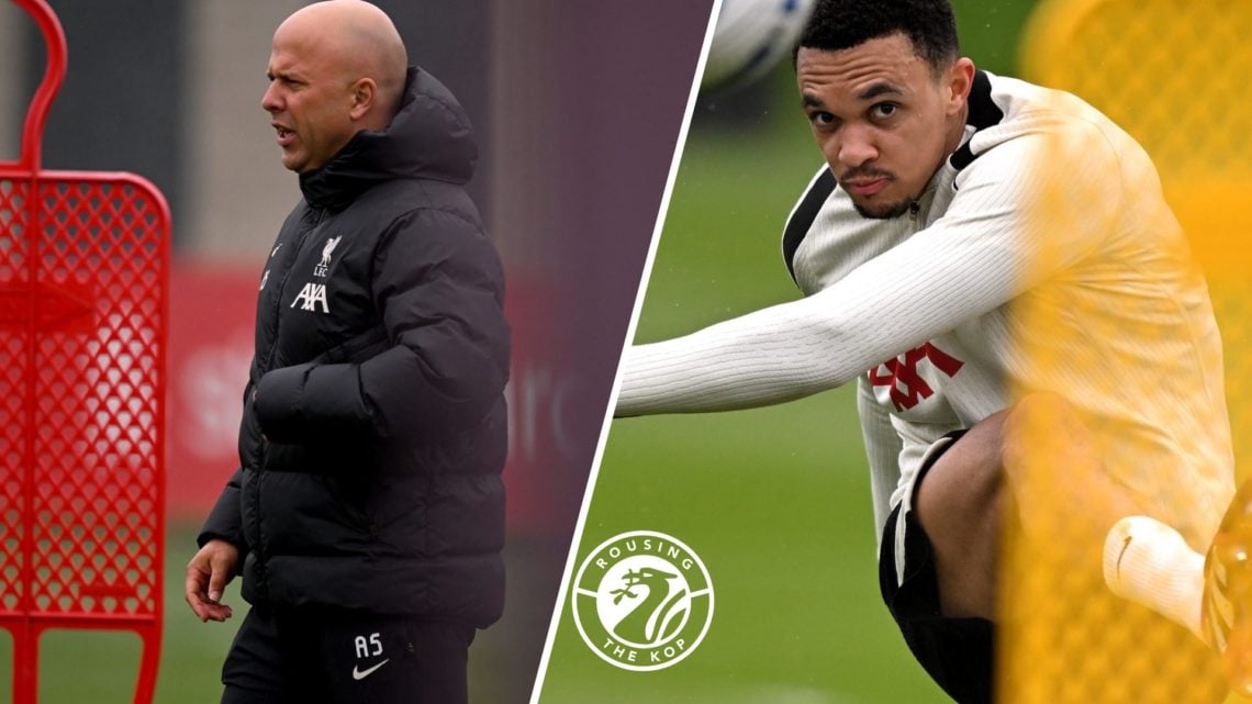 Arne Slot takes a training session for Liverpool. Trent Alexander-Arnold curls a free-kick during Liverpool training