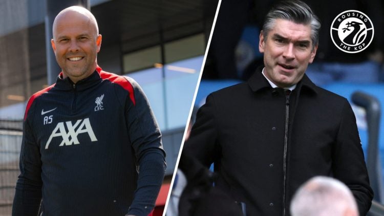 Arne Slot smiles ahead of Liverpool training at the AXA Training Centre. Liverpool sporting director Richard Hughes watches from the stands at the ...