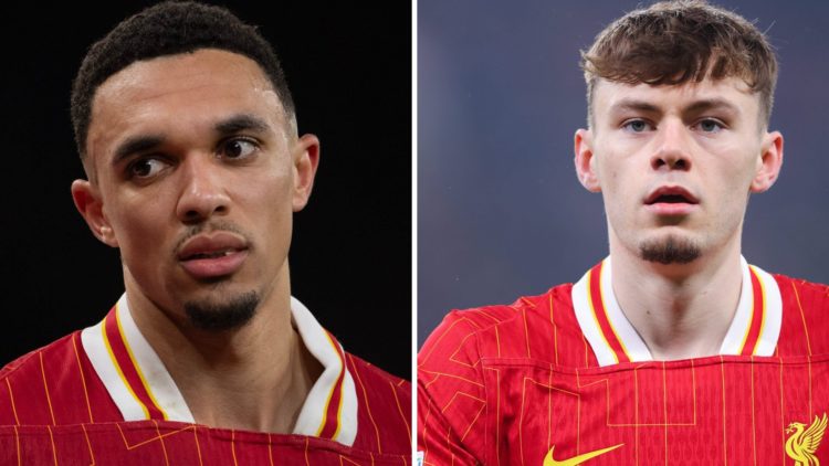 Trent Alexander-Arnold looks on while playing for Liverpool. Conor Bradley in Champions League action for Liverpool.