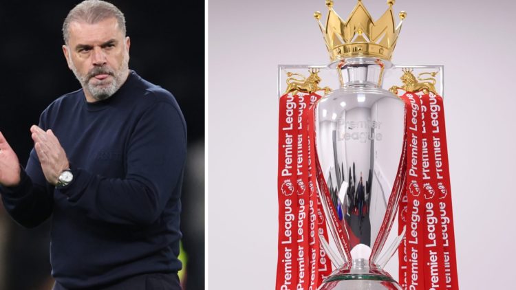 Ange Postecoglou applauds Tottenham fans after losing to Nottingham Forest. The Premier League trophy adorned with red ribbons in 2020.