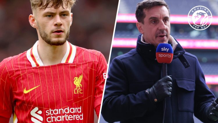 Conor Bradley in action for Liverpool against West Ham. Gary Neville on punditry for Sky Sports.