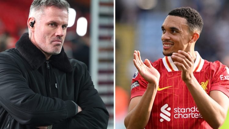 Jamie Carragher looks on during punditry coverage. Trent Alexander-Arnold claps the fans after Liverpool beat Leicester.