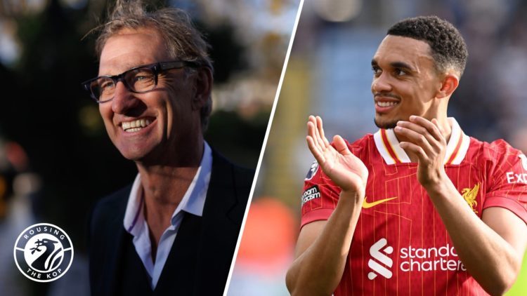 Former Arsenal captain Tony Adams smiles. Trent Alexander-Arnold celebrates Liverpool's 1-0 win over Leicester.