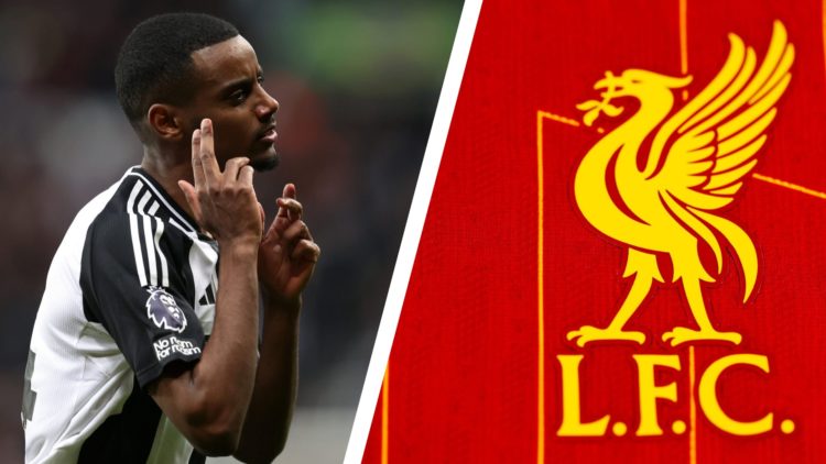 Alexander Isak celebrates scoring for Newcastle. Liverpool FC badge on 2024/25 home shirt.