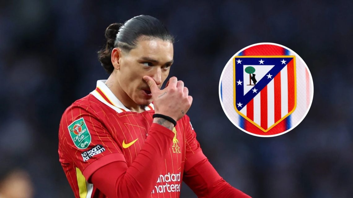 Main: Darwin Nunez playing for Liverpool during the Carabao Cup Final against Newcastle United. Inset: The Atletico Madrid badge.
