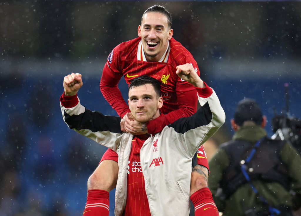 Andy Robertson and Milos Kerkez pictured celebrating after their game against Manchester City.