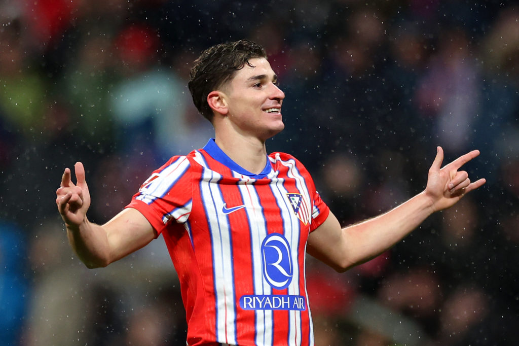 Julian Alvarez celebrates after scoring for Atletico Madrid against Athletic Bilbao in La Liga.