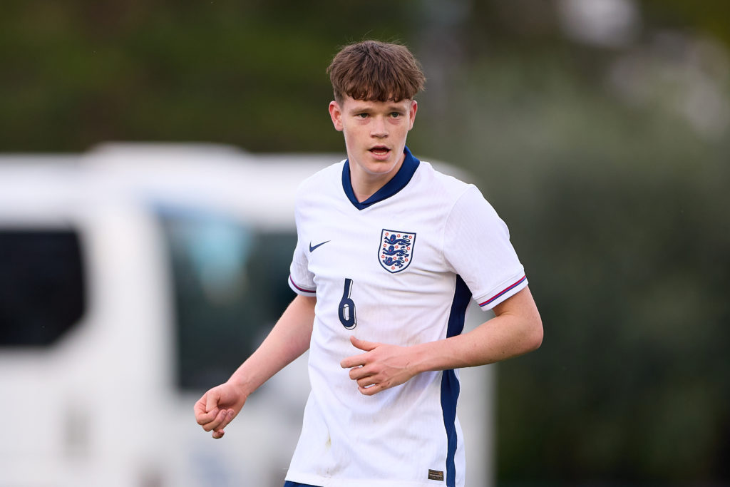 Liverpool player James McConnell playing for England.