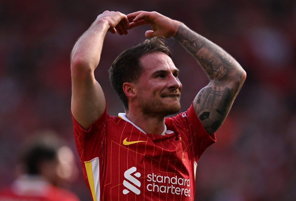 Alexis Mac Allister of Liverpool celebrates scoring his team's second goal during the Premier League match between Liverpool FC and Tottenham Hotspur FC at Anfield