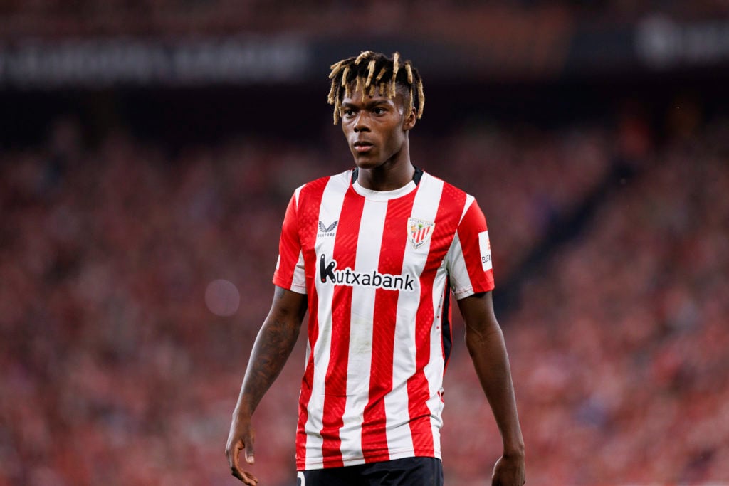 Nico Williams pictured in action for Athletic Bilbao in their Europa League semi-final clash versus Manchester United.
