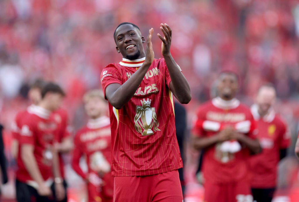 Ibrahima Konate pictured celebrating after Liverpool were announced as the Premier League champions.