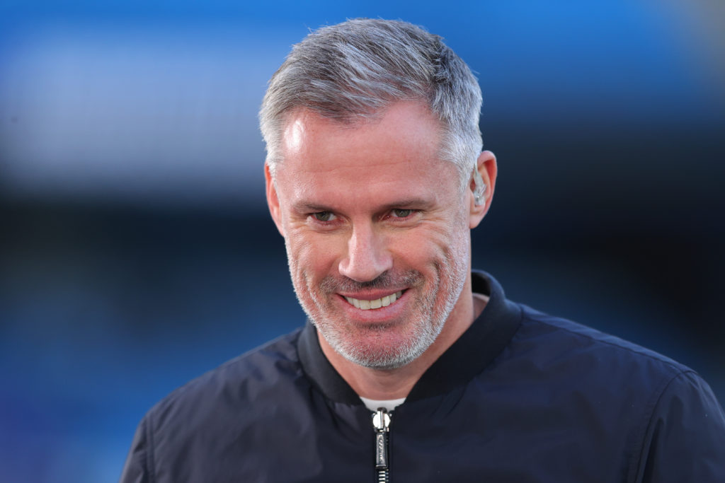 Jamie Carragher pictured during his presenting duties for Sky Sports.