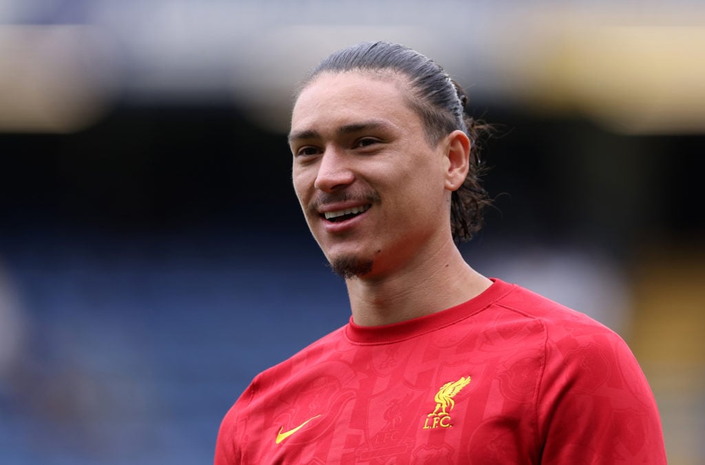 Darwin Nunez warming up for Liverpool before the Premier League game against Chelsea FC at Stamford Bridge.