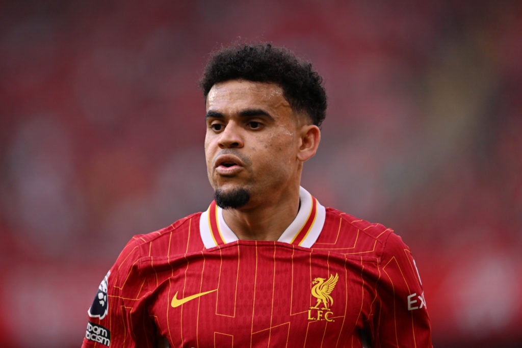 Luis Diaz of Liverpool looks on during the Premier League match between Liverpool FC and Arsenal FC at Anfield