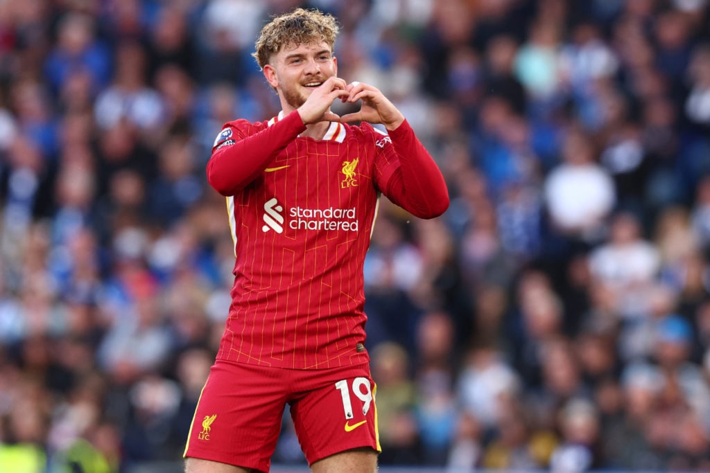 Harvey Elliott celebrating for Liverpool in the Premier League match against Brighton & Hove Albion.