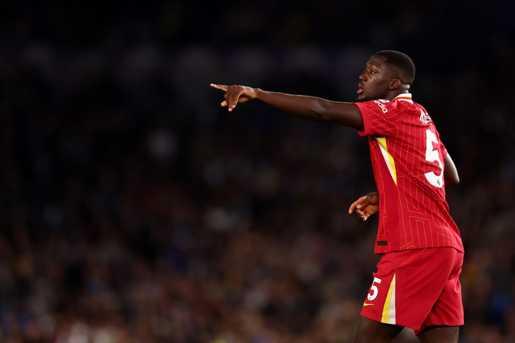Ibrahima Konate pictured playing for Liverpool in a Premier League game against Brighton.
