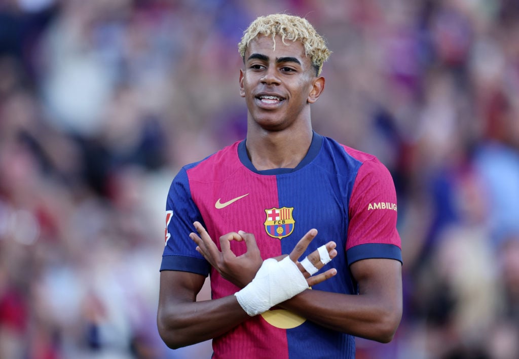 Lamine Yamal celebrates after scoring Barcelona's first goal in their La Liga clash against Villareal.