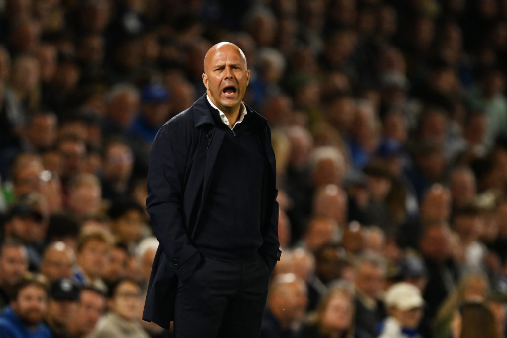 Arne Slot shouting on the touchline during Liverpool's Premier League match against Brighton and Hove Albion.