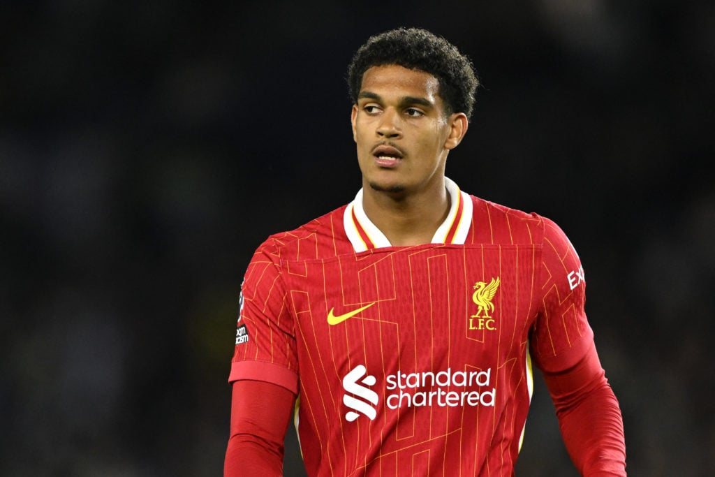 Jarell Quansah of Liverpool looks on during the Premier League match between Brighton and Hove Albion FC and Liverpool FC at Amex Stadium