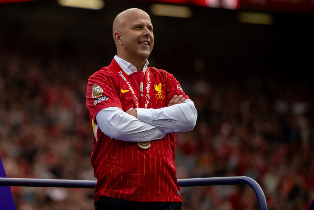 Manager Arne Slot of Liverpool with a medal during the Premier League match between Liverpool FC and Crystal Palace FC at Anfield