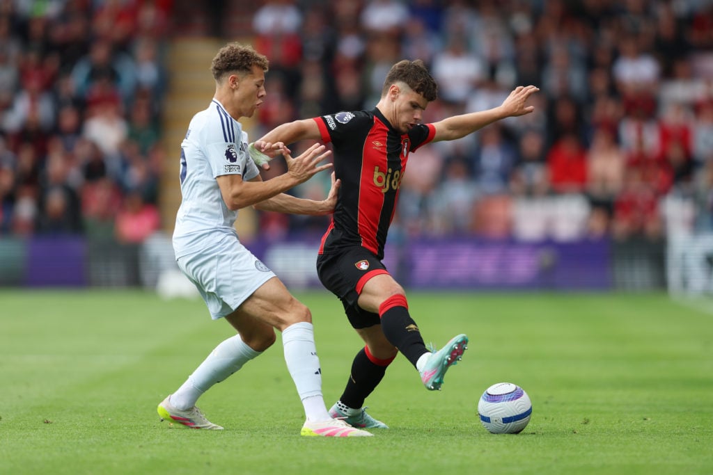 Milos Kerkez pictured in action for Bournemouth in their game against Leicester City.
