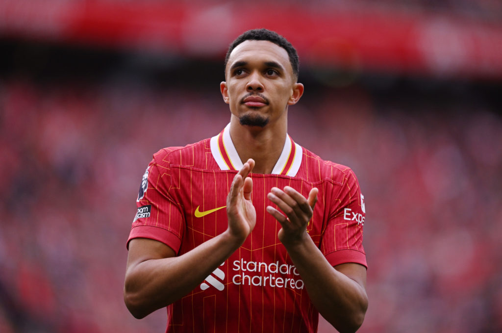 Trent Alexander-Arnold of Liverpool acknowledges the fans, as he makes his final appearance for the team during the Premier League match between Liverpool FC and Crystal Palace FC at Anfield