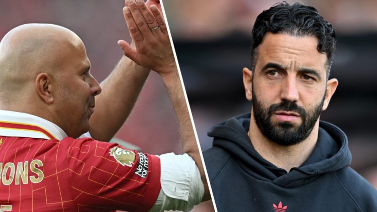 Arne Slot applauds fans as he celebrates Liverpool's Premier League title win at Anfield. Man United manager Ruben Amorim deep in thought as his te...