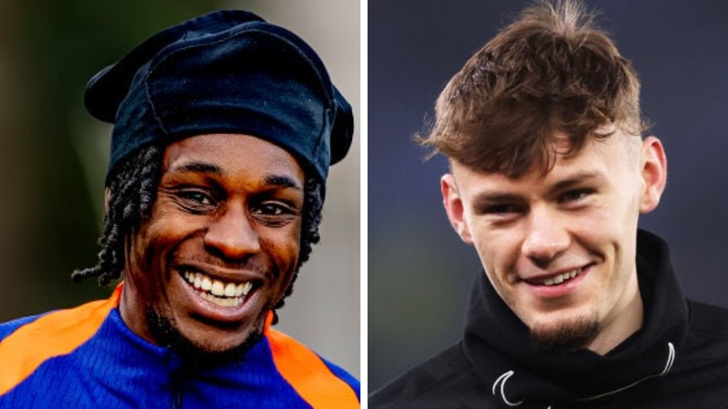 Bayer Leverkusen's Jeremie Frimpong smiles while training for the Netherlands national team. Conor Bradley smiles as he warms up for a Premier Leag...