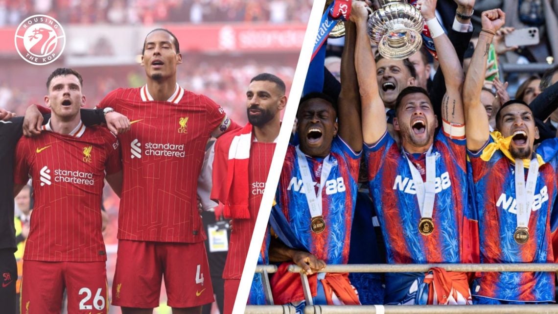 Liverpool players link arms as they sing You'll Never Walk Alone in front of the Kop at Anfield after winning the 2024/25 Premier League. Crystal P...