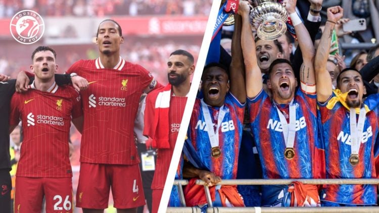 Liverpool players link arms as they sing You'll Never Walk Alone in front of the Kop at Anfield after winning the 2024/25 Premier League. Crystal P...