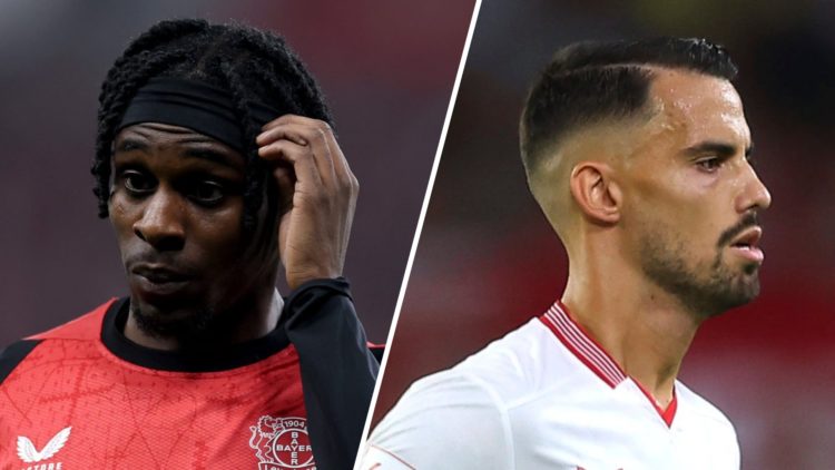 Jeremie Frimpong looks on while playing for Bayer Leverkusen against Vfl Bochum in the Bundesliga. Suso of Sevilla runs while playing in La Liga ag...