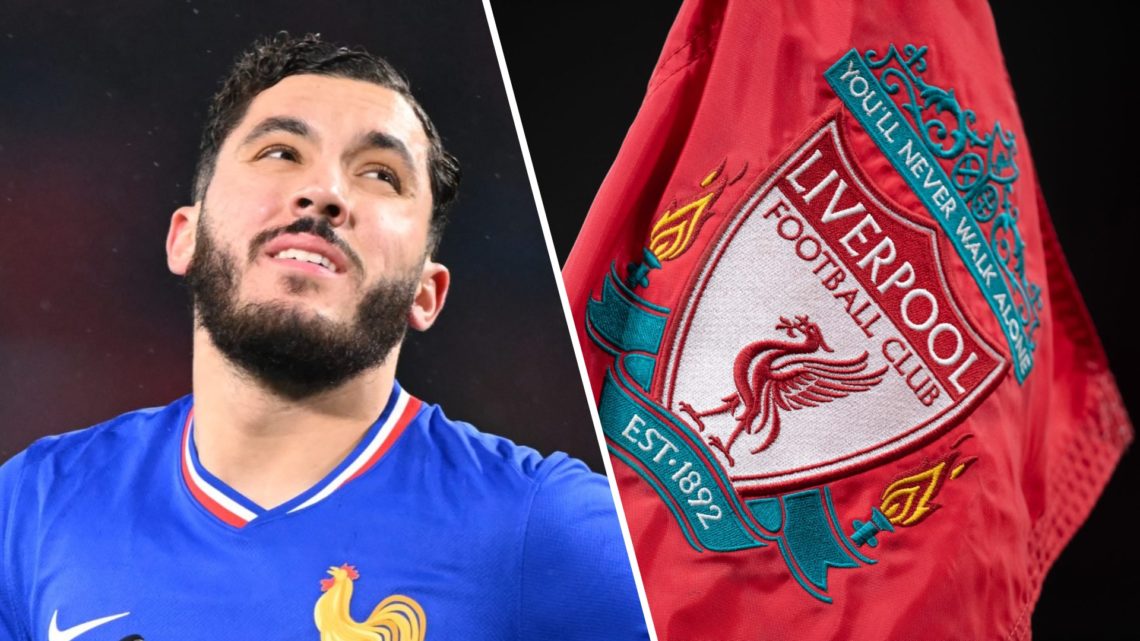 Rayan Cherki runs while playing for France U21 against Germany U21 in Valenciennes. A Liverpool corner flag flies at Anfield before the Europa Leag...
