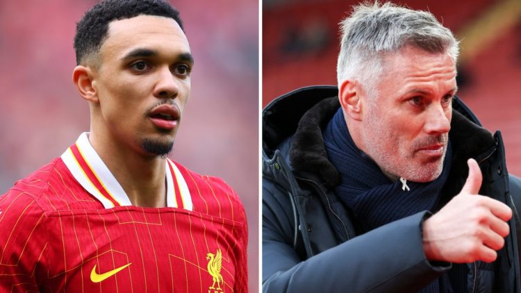 Trent Alexander-Arnold looks on while in action for Liverpool. Liverpool legend Jamie Carragher gives a thumbs up while on punditry duty.