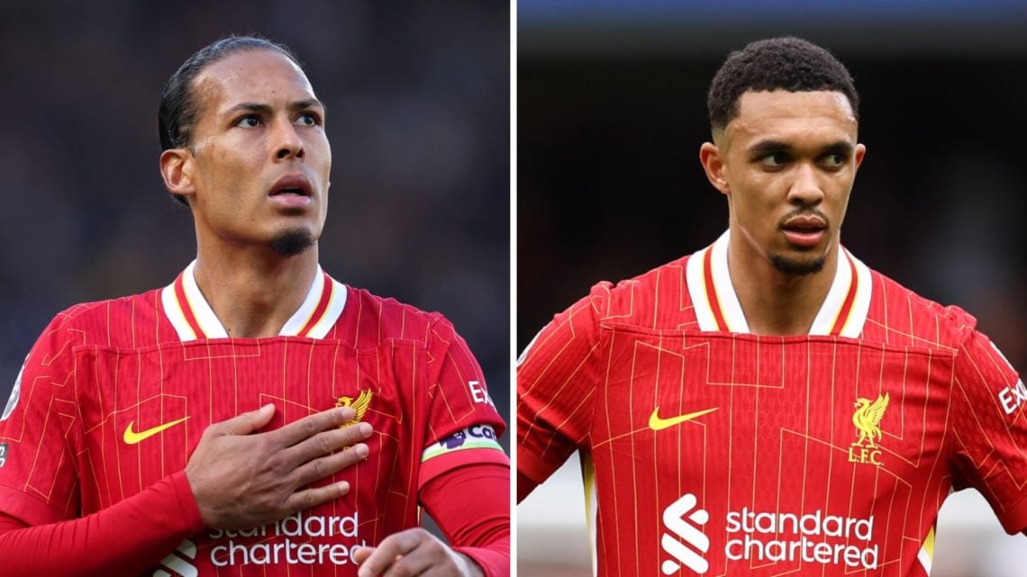 Virgil van Dijk taps the Liverpool badge while playing against Fulham at Craven Cottage. Trent Alexander-Arnold stands with his hands on hips while...